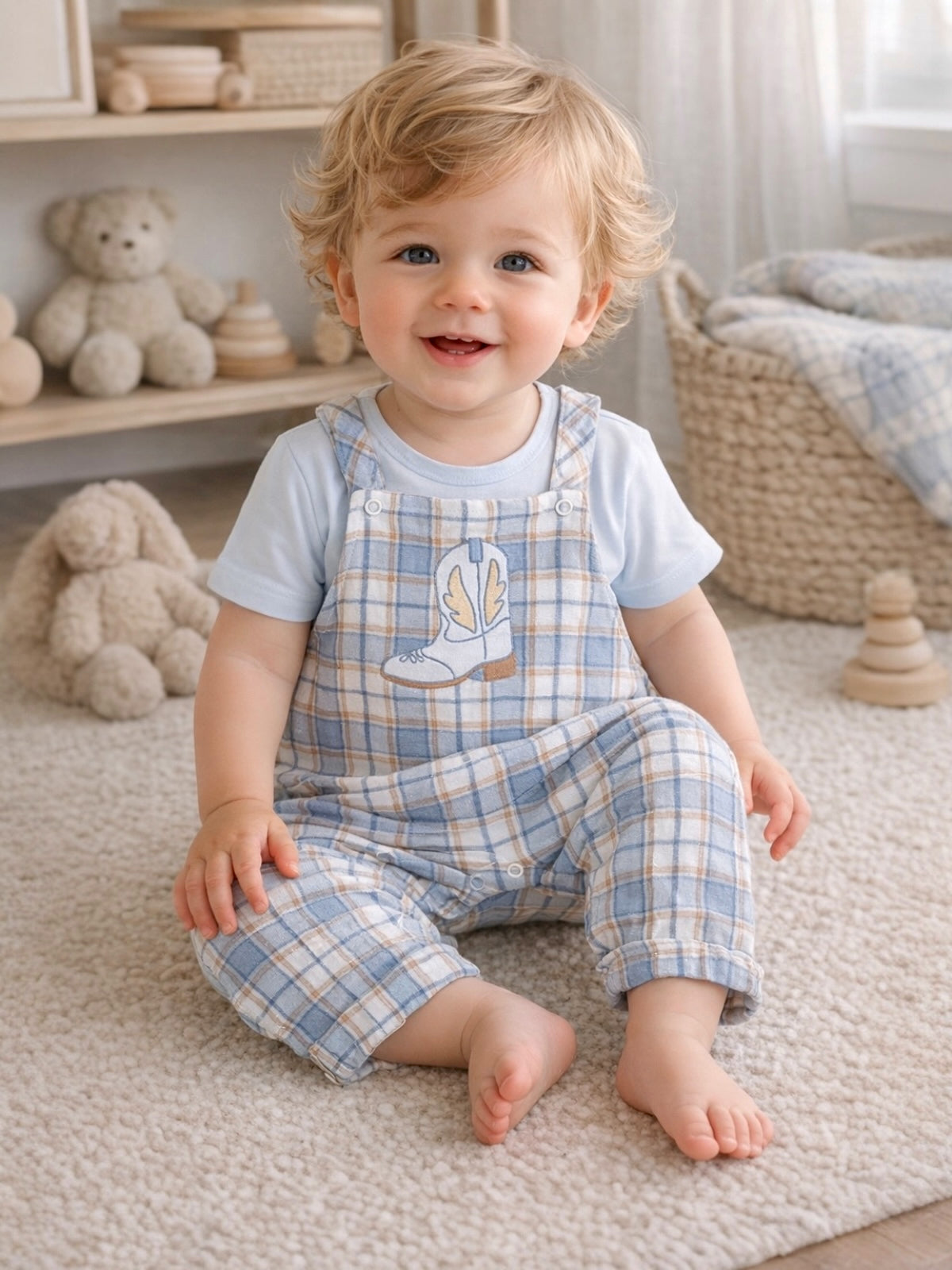 Smiling child in plaid overalls on a soft rug, surrounded by plush toys and a cozy, bright room.