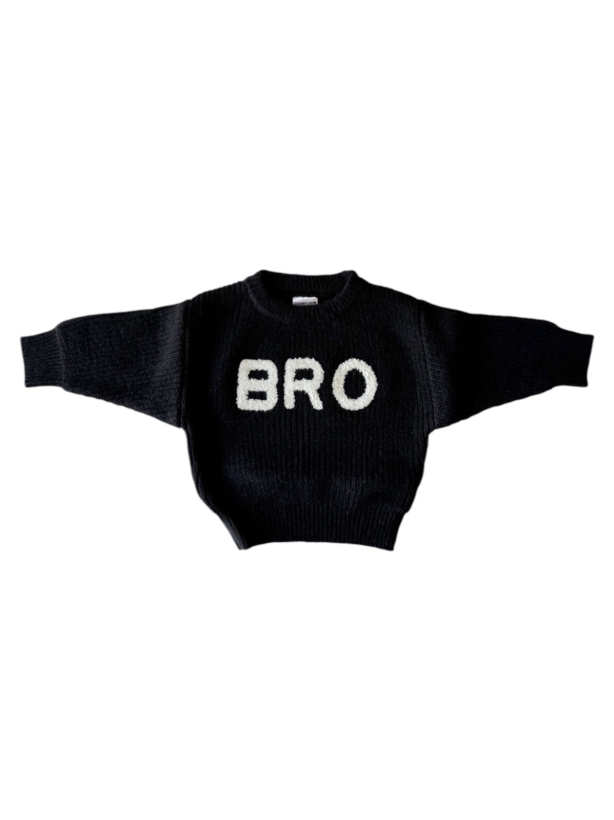 Black sweater featuring the word "BRO" in bold, contrasting white letters across the front.