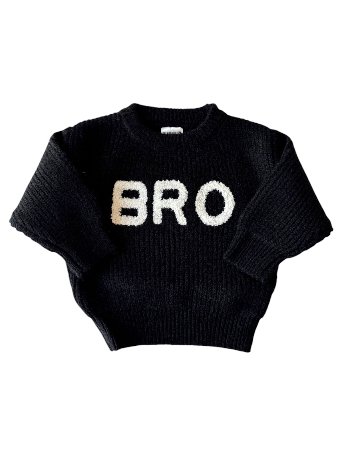 Black knit sweater with "BRO" written in white letters across the front.
