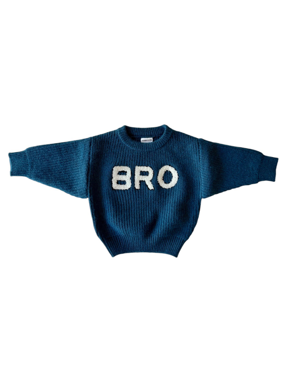 Blue knitted sweater with oversized sleeves, featuring the word "BRO" in white letters on the front.