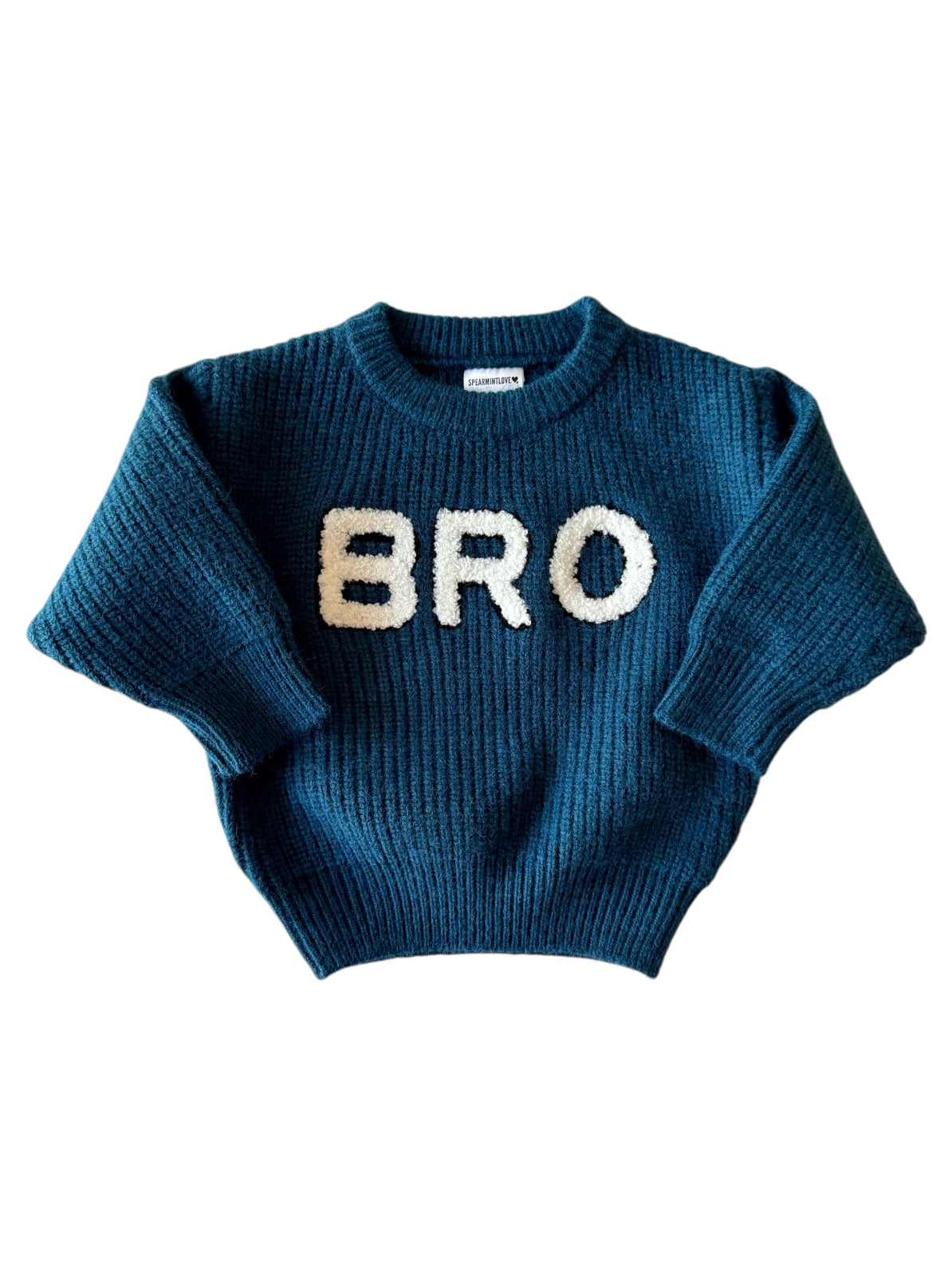 Teal ribbed sweater with "BRO" text design on front, featuring wide sleeves and a round neckline.