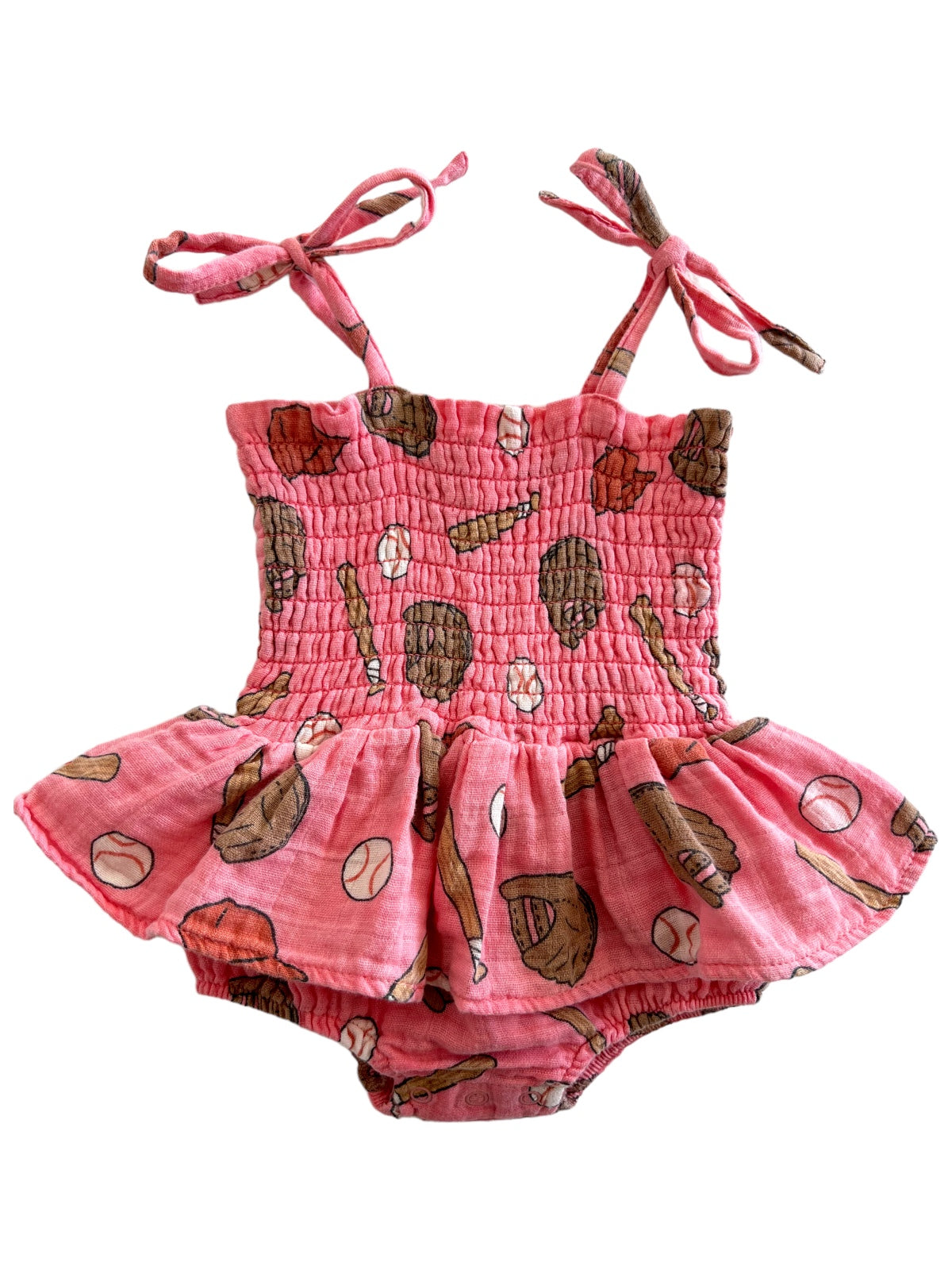 Pink toddler swimsuit with playful baseball and bat print, featuring a smocked bodice and flared skirt.