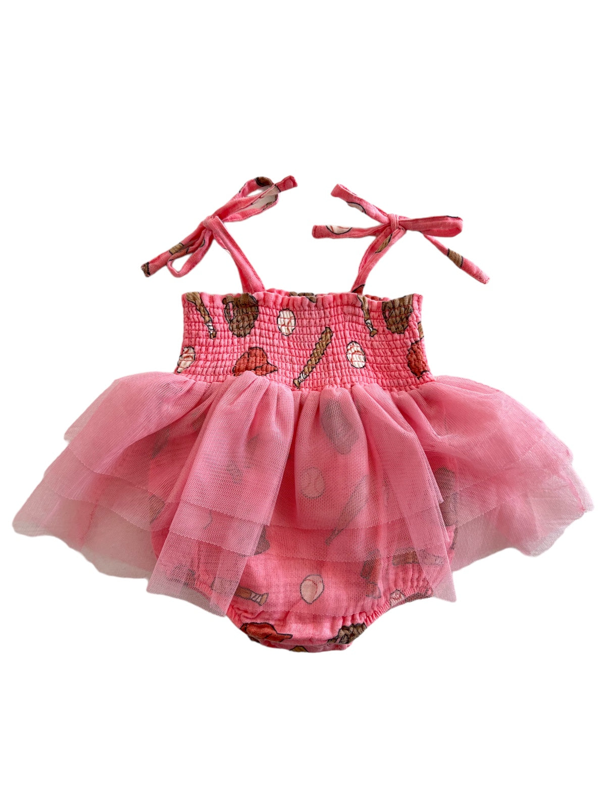 Pink toddler dress with ruffled tulle and fun ice cream print, featuring adjustable shoulder straps.