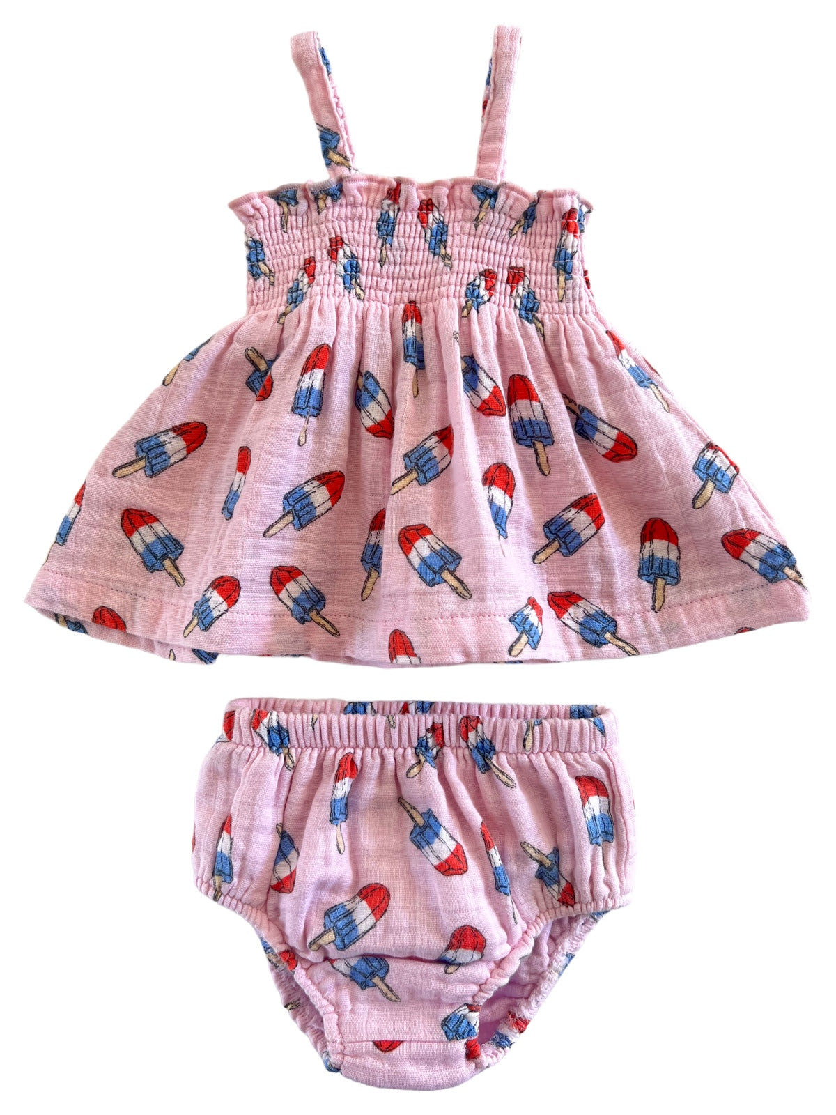 Pink children's dress and diaper cover set with popsicle print design. Ideal for summer wear.