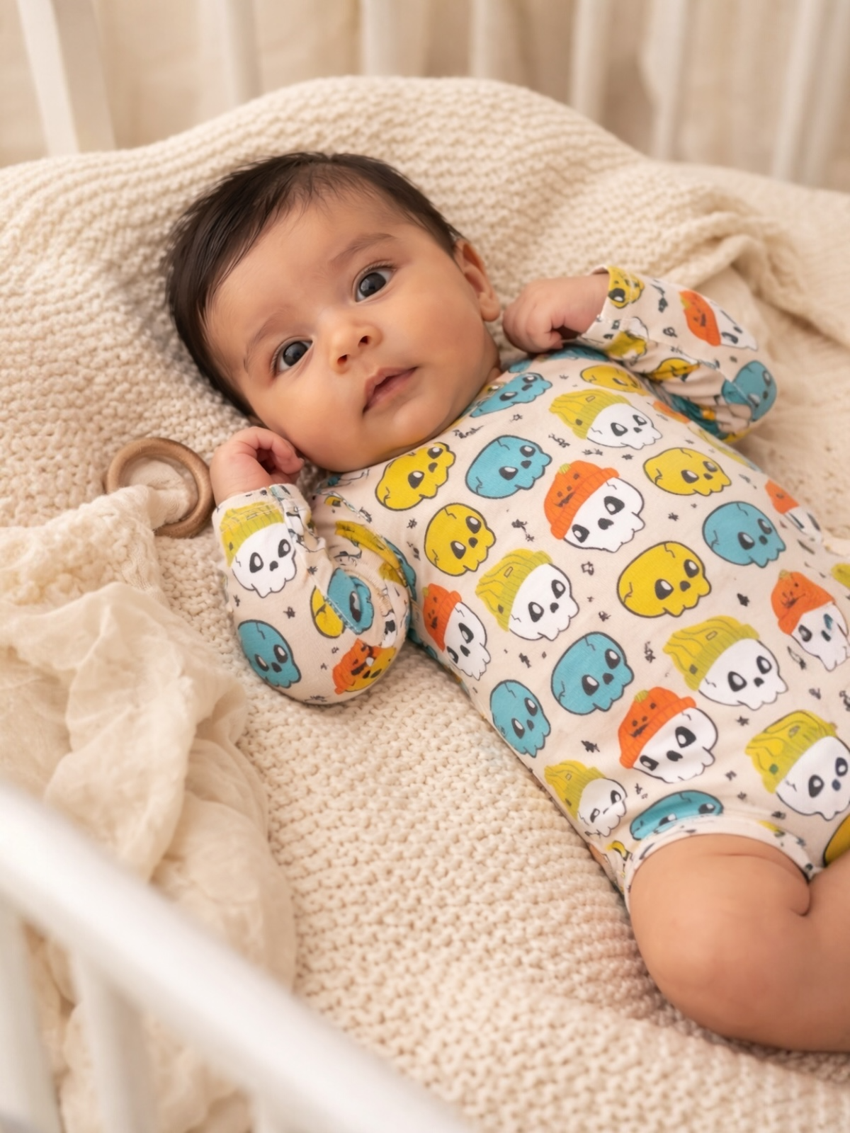 Baby in colorful skull-patterned onesie lying on a cozy blanket, looking curiously at the camera.
