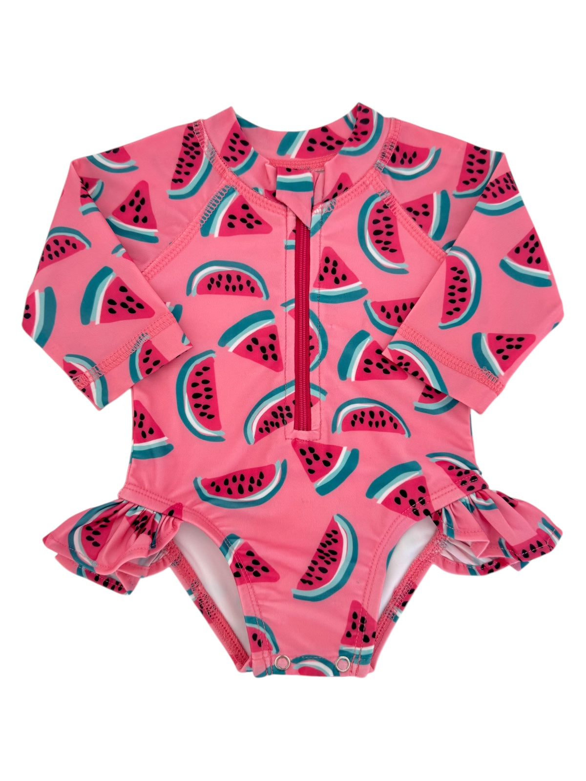 Pink one-piece swimsuit with watermelon pattern and ruffled sleeves, featuring a front zipper for easy wear.