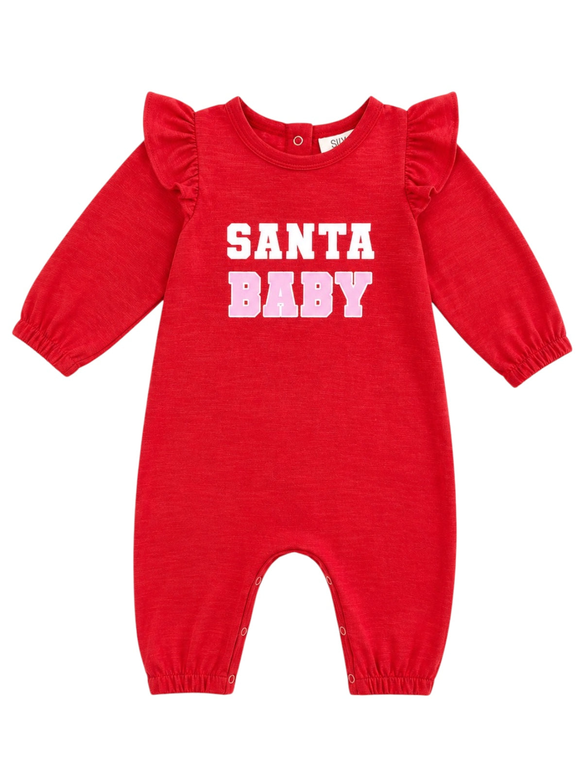 Red baby onesie with ruffled sleeves featuring the text "SANTA BABY" in playful colors.