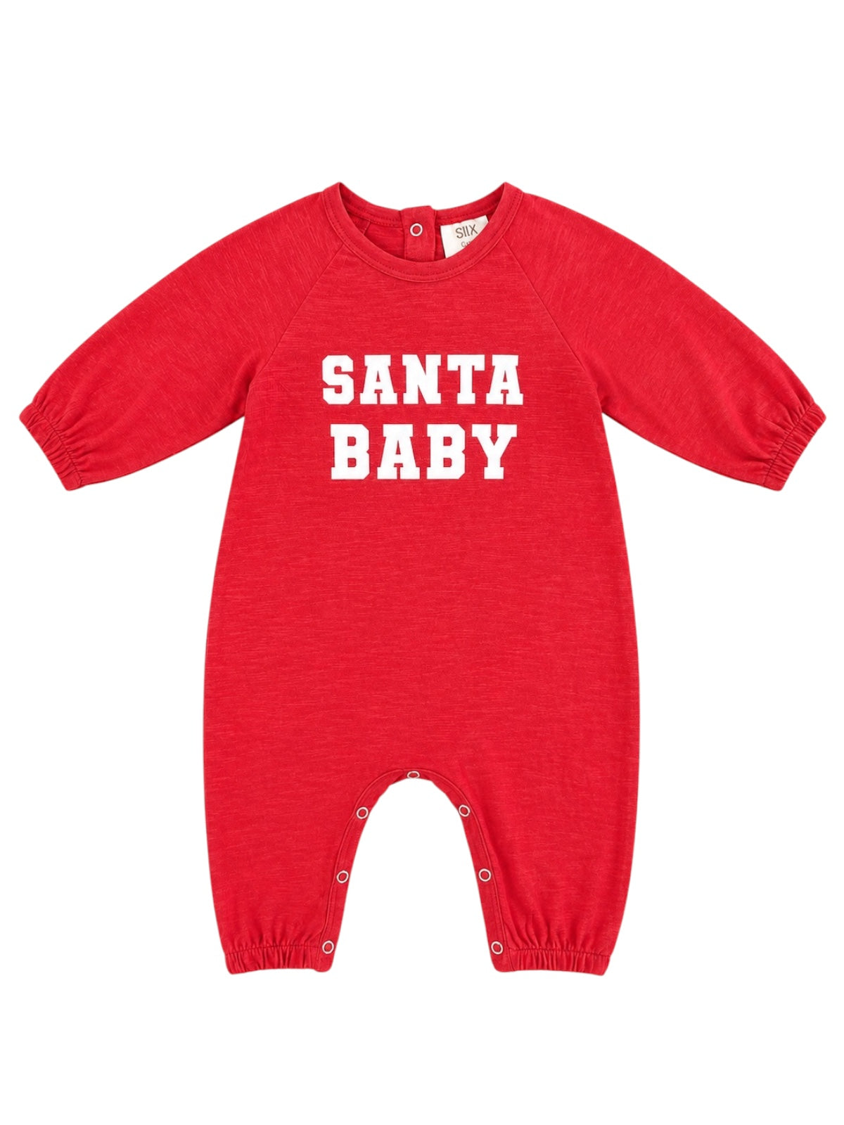 Red baby onesie with "SANTA BABY" printed in bold white letters on the front.