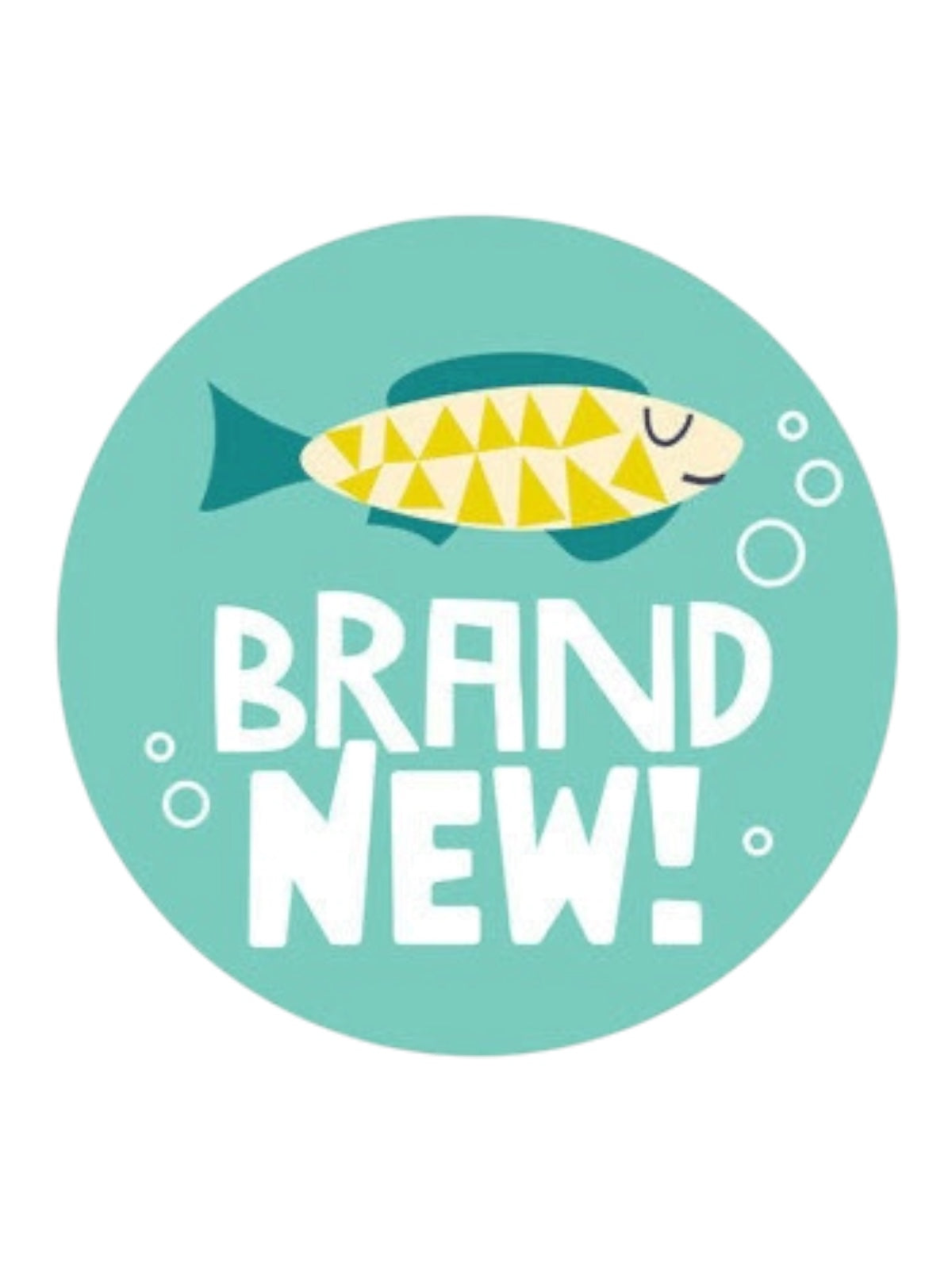Colorful circular design featuring a fish and the text "BRAND NEW!" against a teal background.