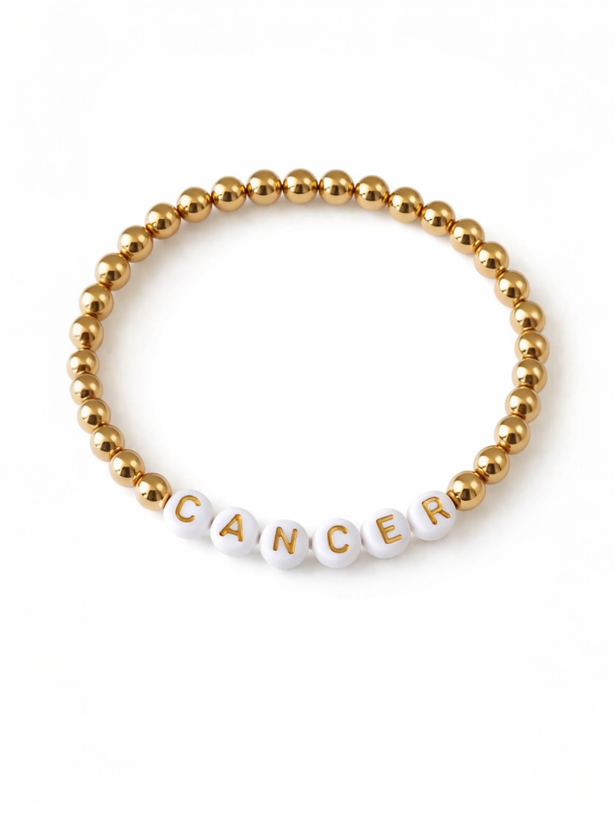 Gold bead bracelet with white letter beads spelling "CANCER." Ideal for awareness and support.