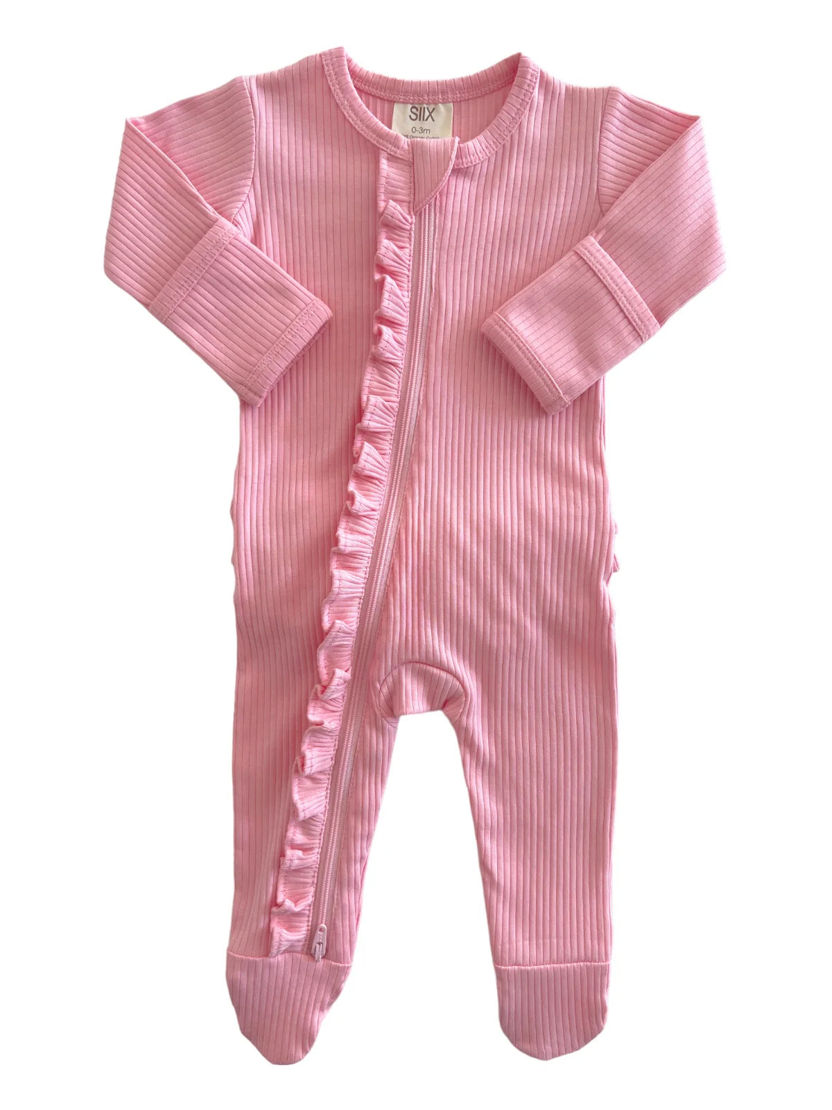 Pink ribbed baby onesie with front zipper and ruffle detailing along the opening and cuffs. 0-3 months size.