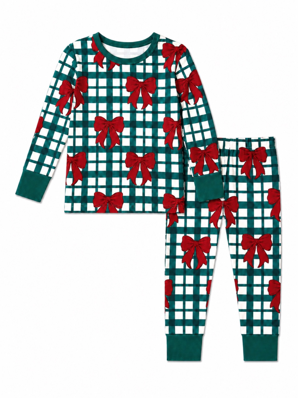Green and white plaid pajamas with red bows on the top and pants. Perfect for festive occasions.