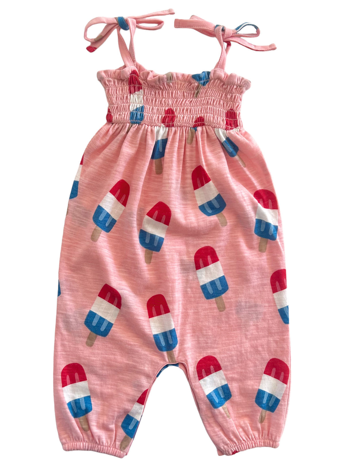 Pink kids' romper with popsicle print and adjustable straps, perfect for warm weather.