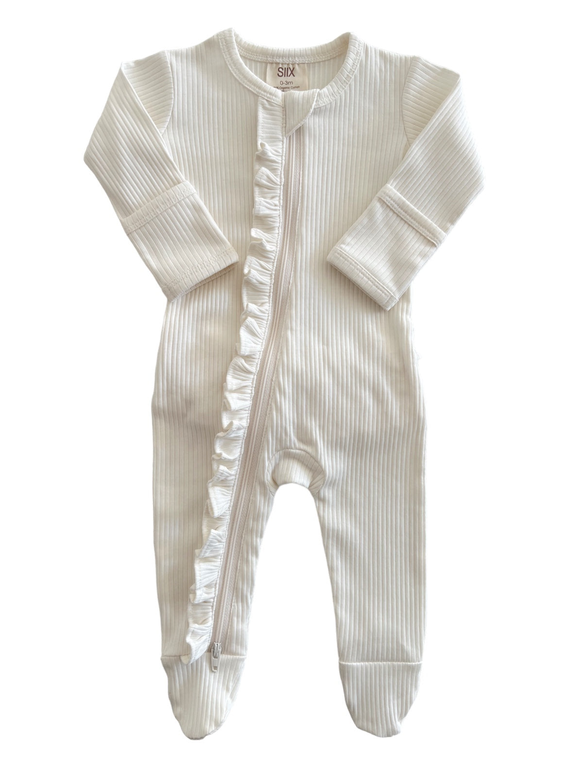Cream-colored baby onesie with ribbed texture and ruffle details along the zipper, designed for comfort and style.