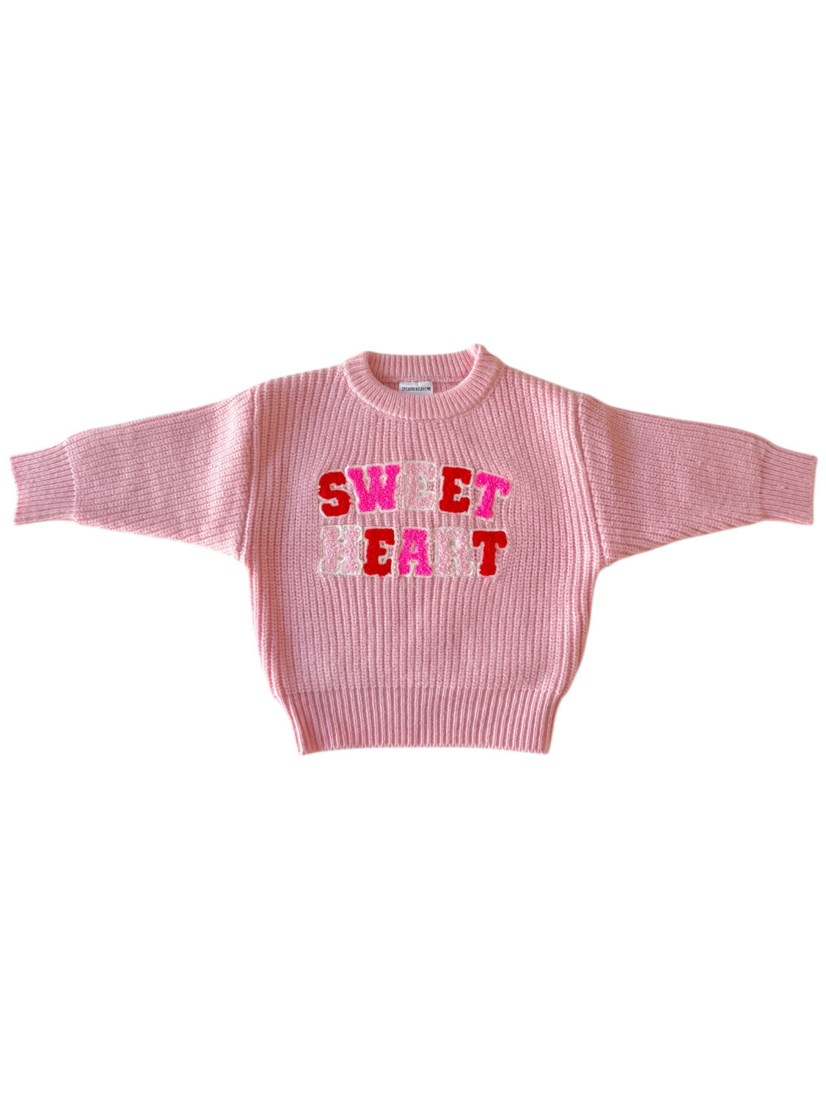 Pink sweater with "SWEET HEART" embroidered in colorful text across the front. Stylish, relaxed fit design.