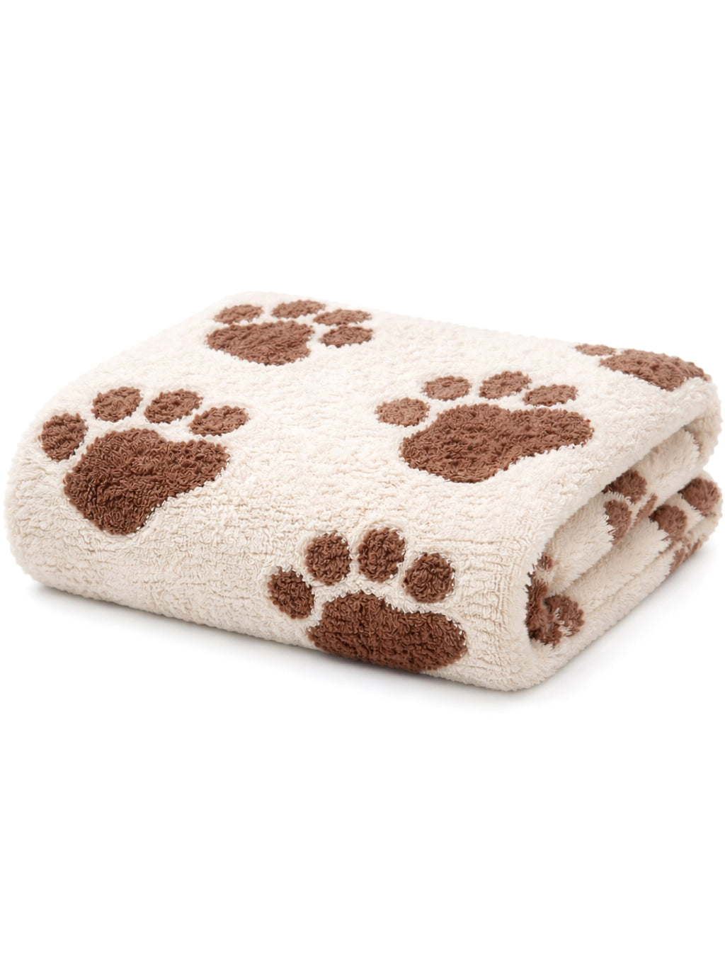 Cream-colored towel with brown paw print patterns, folded neatly. Ideal for pet lovers.