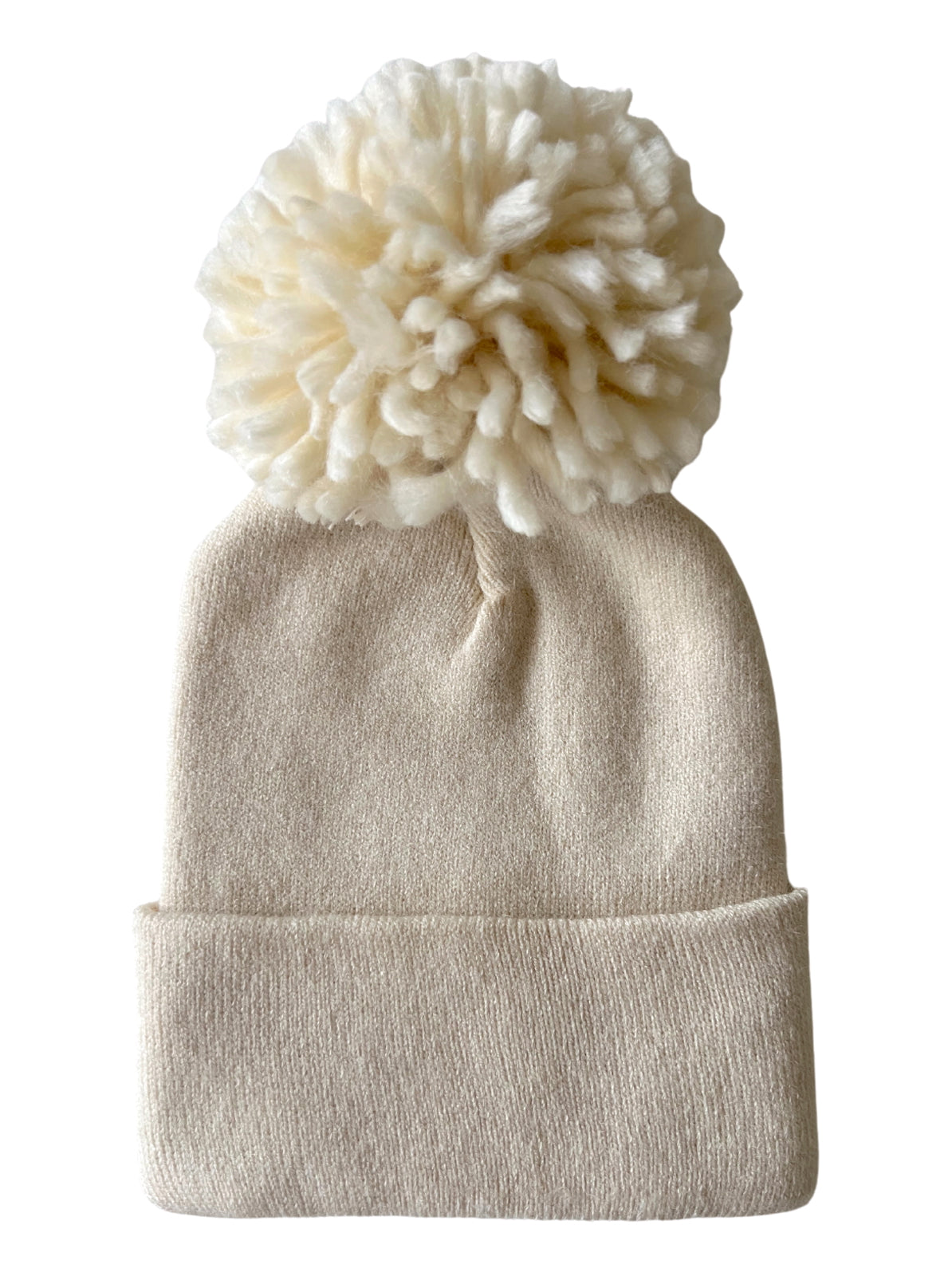 Beige knit beanie with a large, fluffy pom-pom on top, perfect for winter wear.