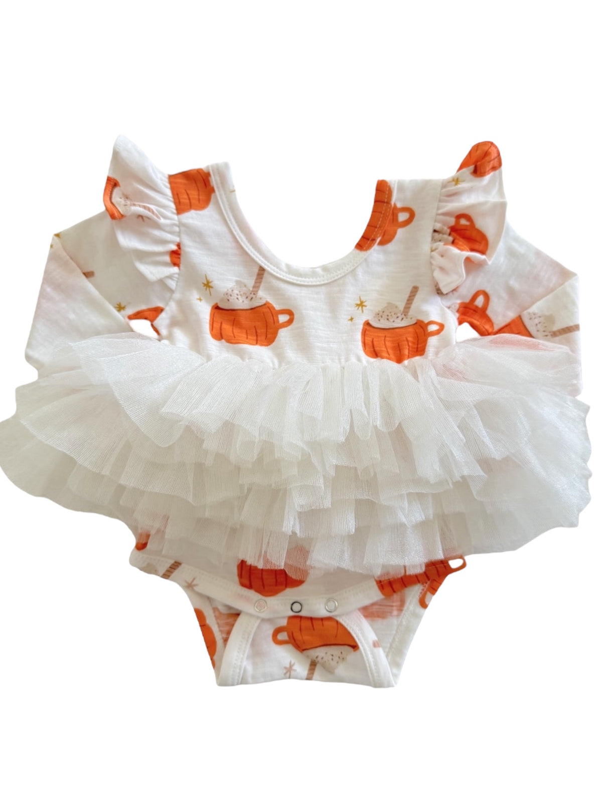 White onesie with ruffled sleeves and layered tulle, featuring orange cups and stars pattern.
