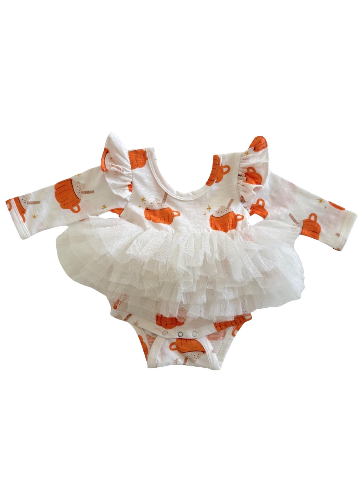 White baby bodysuit with orange pumpkin print and a fluffy white tulle skirt. Ideal for playful autumn outfits.