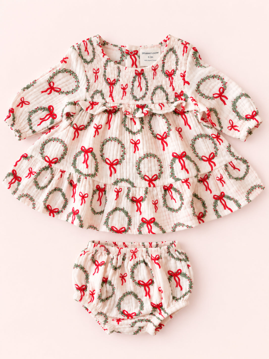 Smocked Ruffle Tiered Dress & Bloomer, Pink Wreath