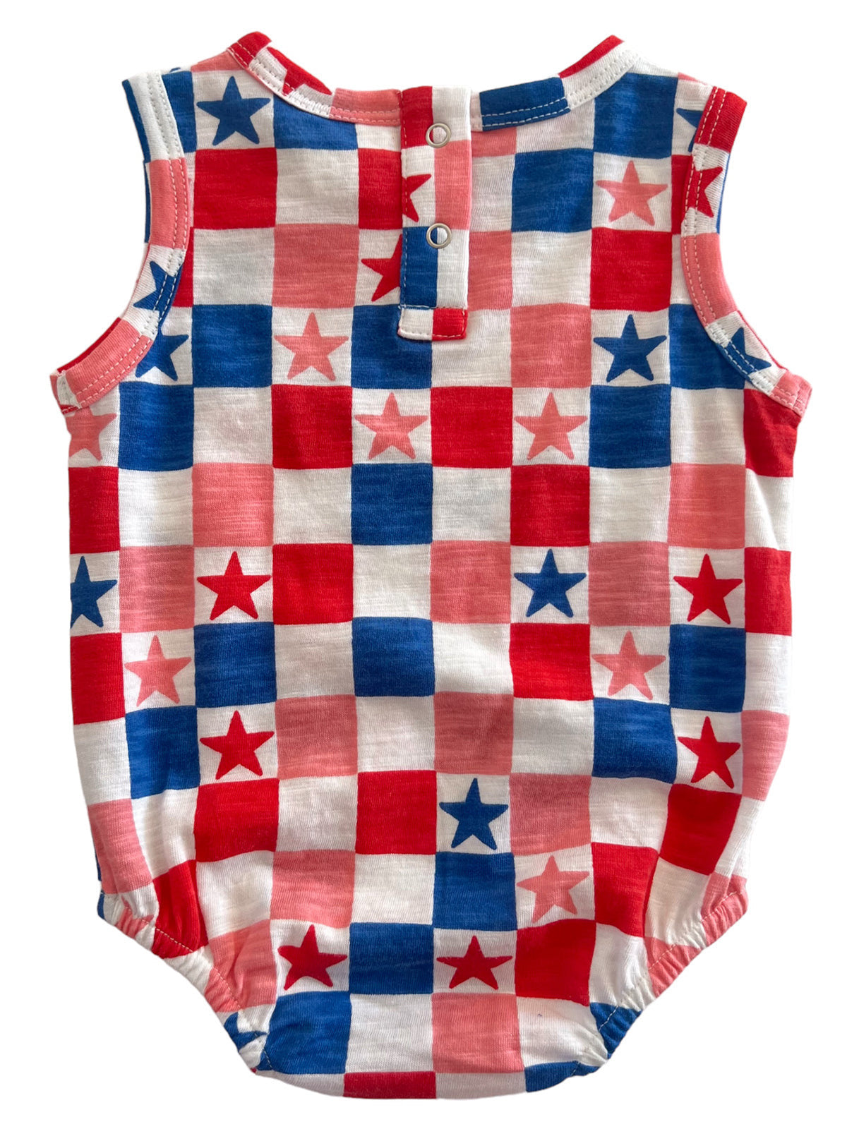 Red, white, and blue checkered baby romper with star patterns, featuring back buttons.