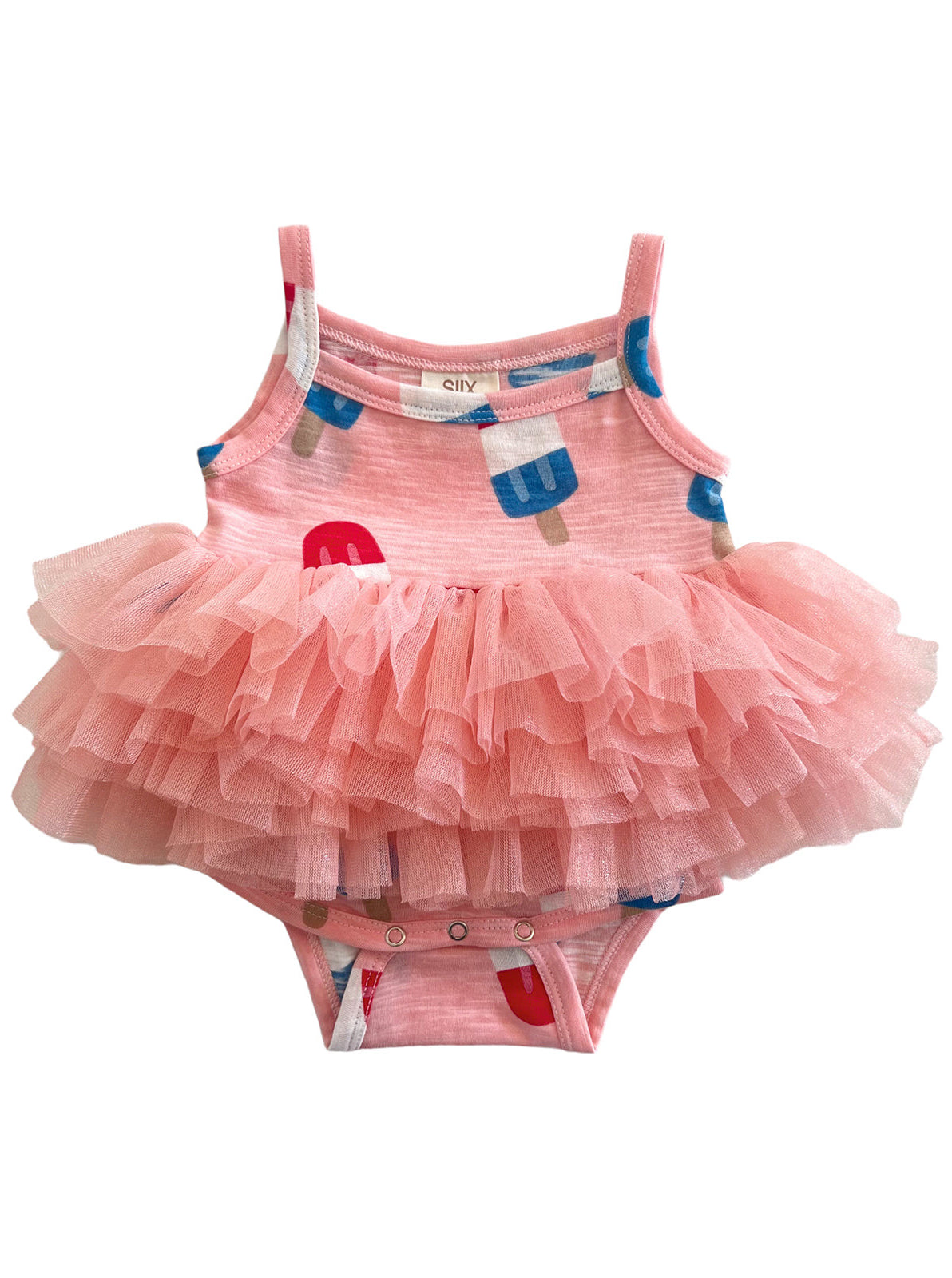 Pink toddler swimsuit with colorful popsicle print and layered tulle ruffles. Ideal for summer fun.