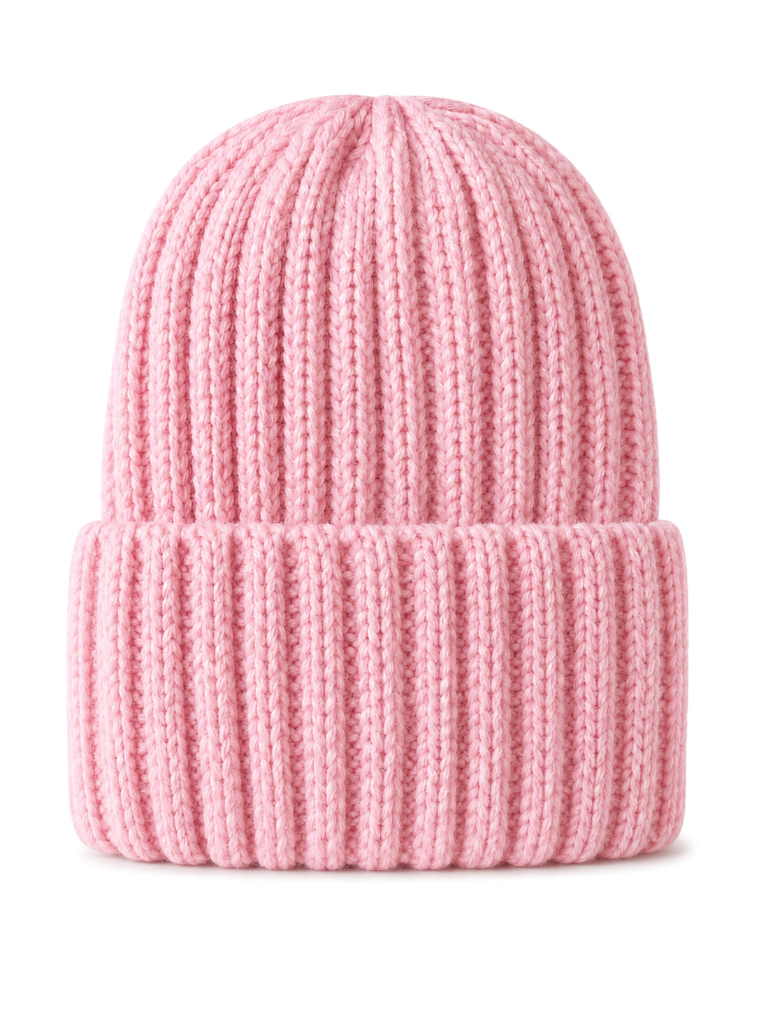 Pink knitted beanie hat with ribbed texture, displayed upright on a white background.