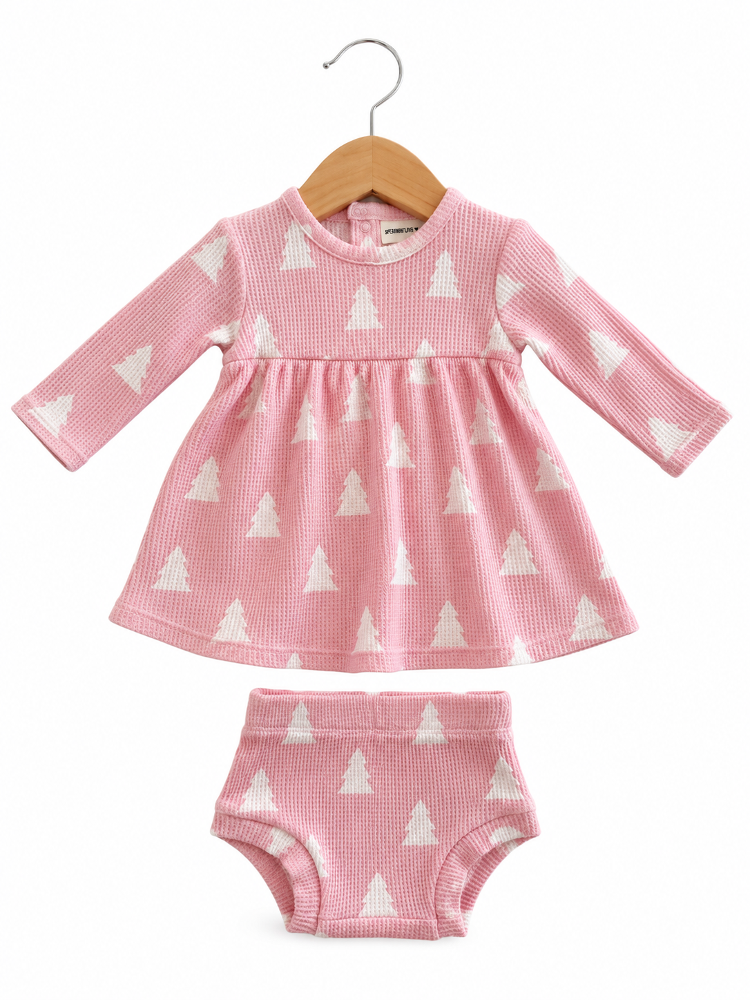 Organic Waffle Simple Dress & Bloomer, Pink Christmas Trees