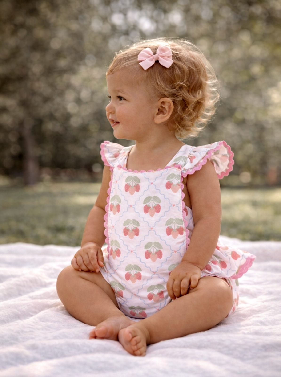Toddler with curly hair in a strawberry-patterned outfit sitting on a blanket outdoors, smiling happily.