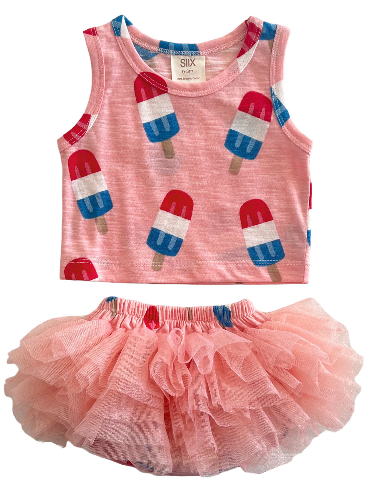 Pink toddler outfit featuring a tank top with popsicle print and a fluffy tulle skirt. Ideal for summer play.