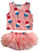 Pink toddler outfit featuring a tank top with popsicle print and a fluffy tulle skirt. Ideal for summer play.
