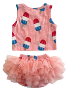 Pink toddler outfit featuring a popsicle-patterned tank top and a fluffy tulle skirt. Perfect for summer fun!