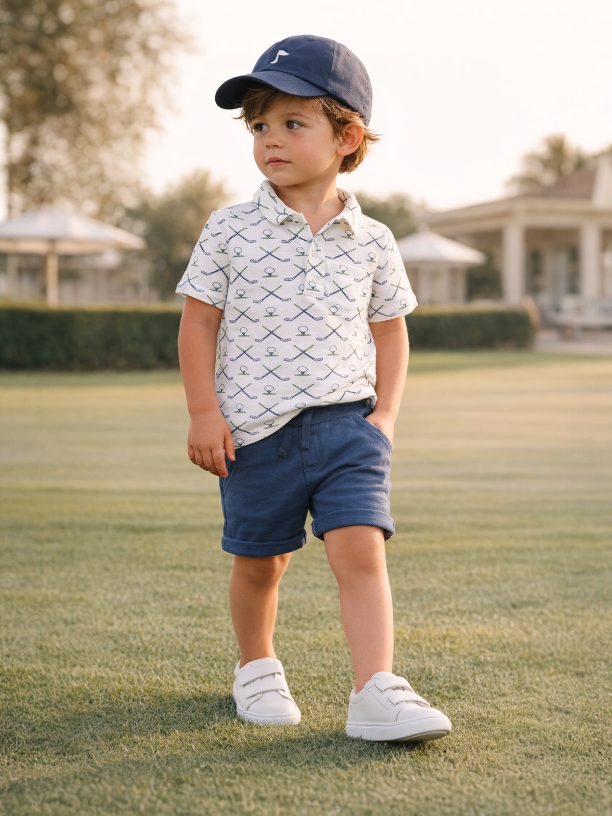 Child walking on grass in a patterned polo shirt, navy shorts, and white shoes, wearing a baseball cap.