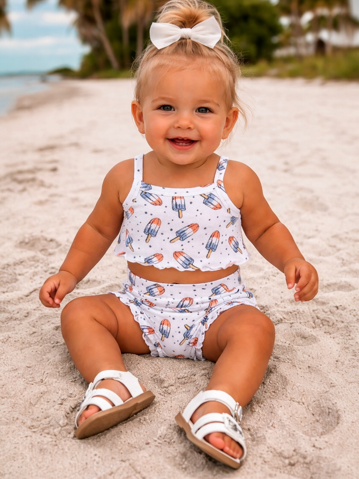 Smiling toddler in a popsicle-patterned swimsuit, sitting on sandy beach, with palm trees in the background.