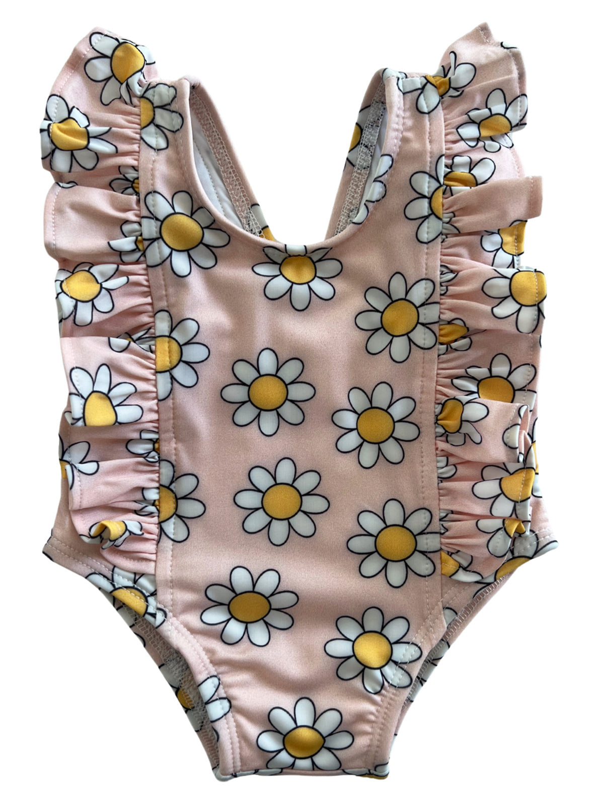 Pink swimsuit with white and yellow daisies and ruffle details on the sides. Perfect for summer fashion.