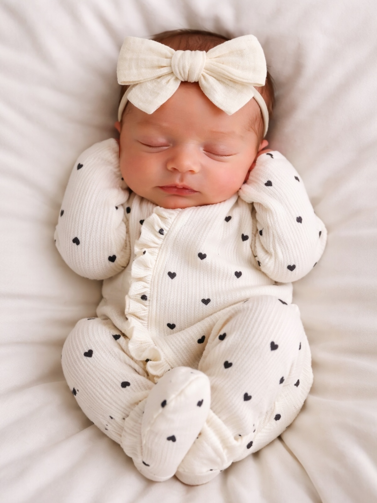 Newborn baby girl sleeping in a heart-print onesie with a bow headband on a soft blanket.