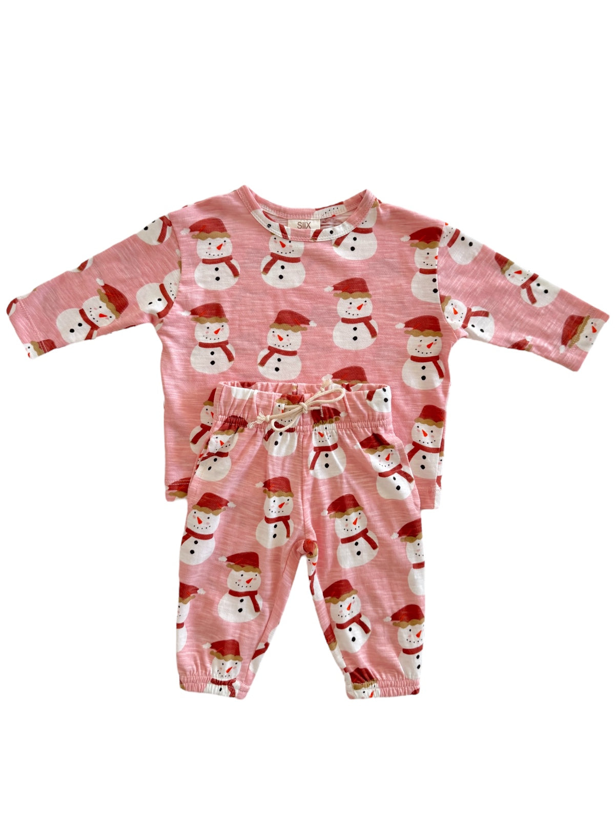 Pink snowman-themed toddler pajamas set includes long-sleeve top and matching pants.