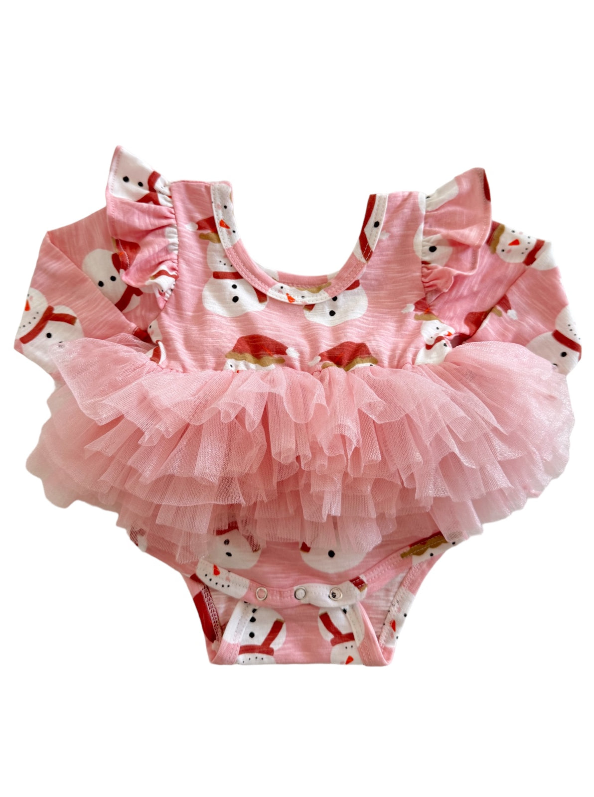 Pink baby bodysuit with snowman print and a fluffy tulle ruffle skirt. Ideal for festive occasions.
