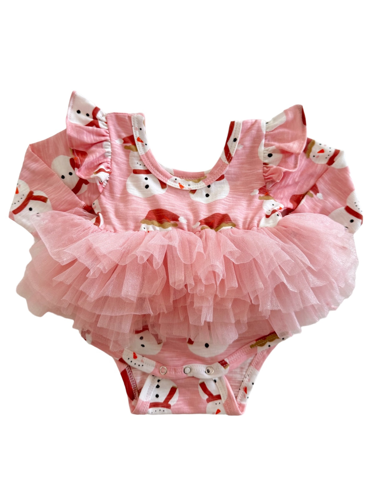 Pink baby bodysuit with snowman print and a fluffy tulle ruffle skirt. Ideal for festive occasions.
