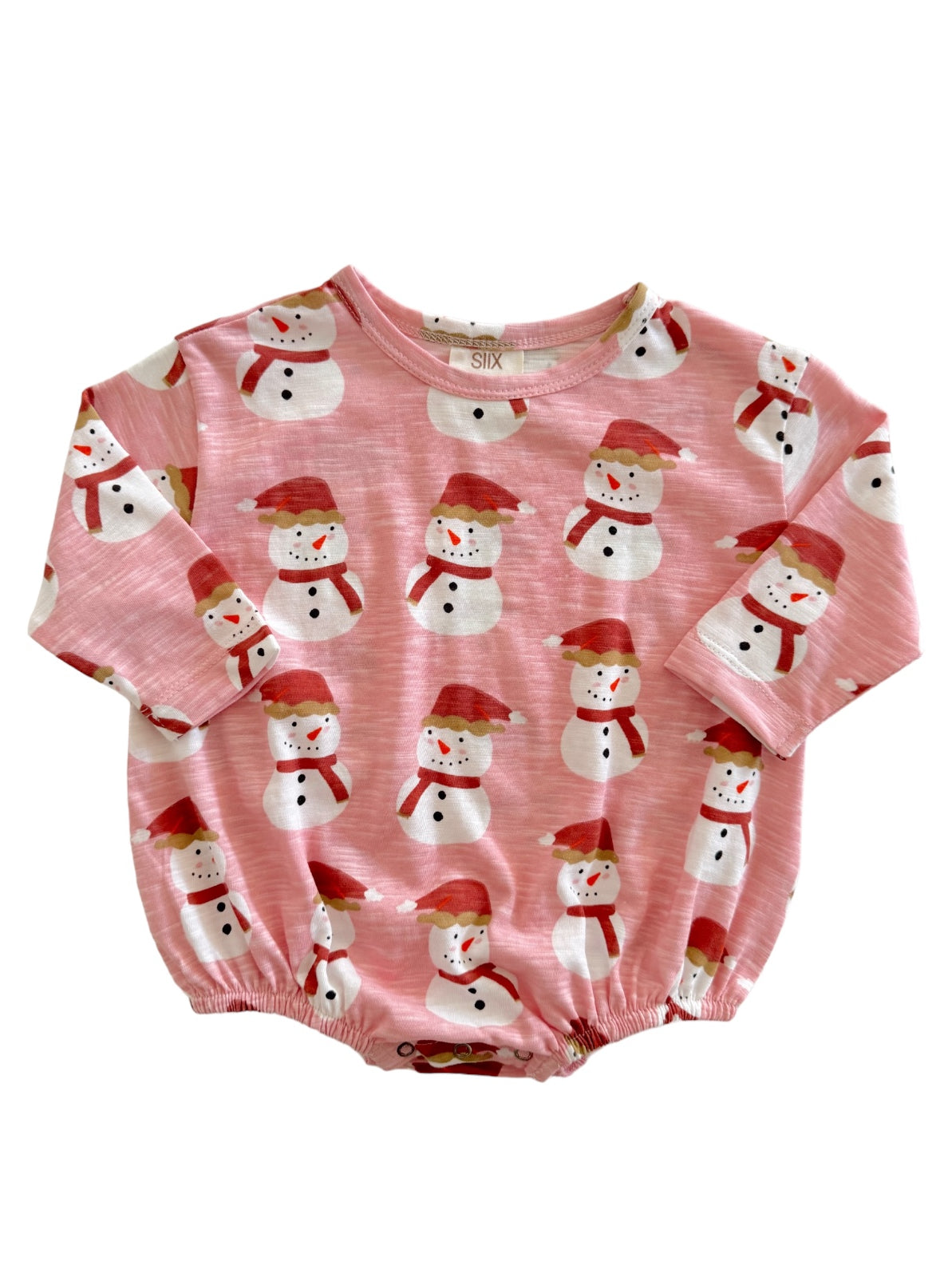 Pink outfit featuring cheerful snowman patterns with red hats and scarves, ideal for winter-themed occasions.