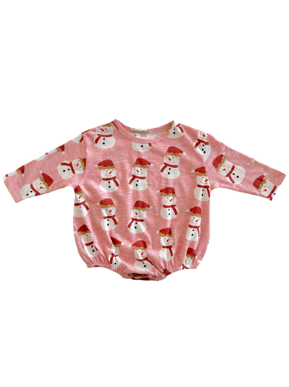 Pink toddler outfit featuring snowmen in Santa hats and scarves. Ideal for holiday wear.