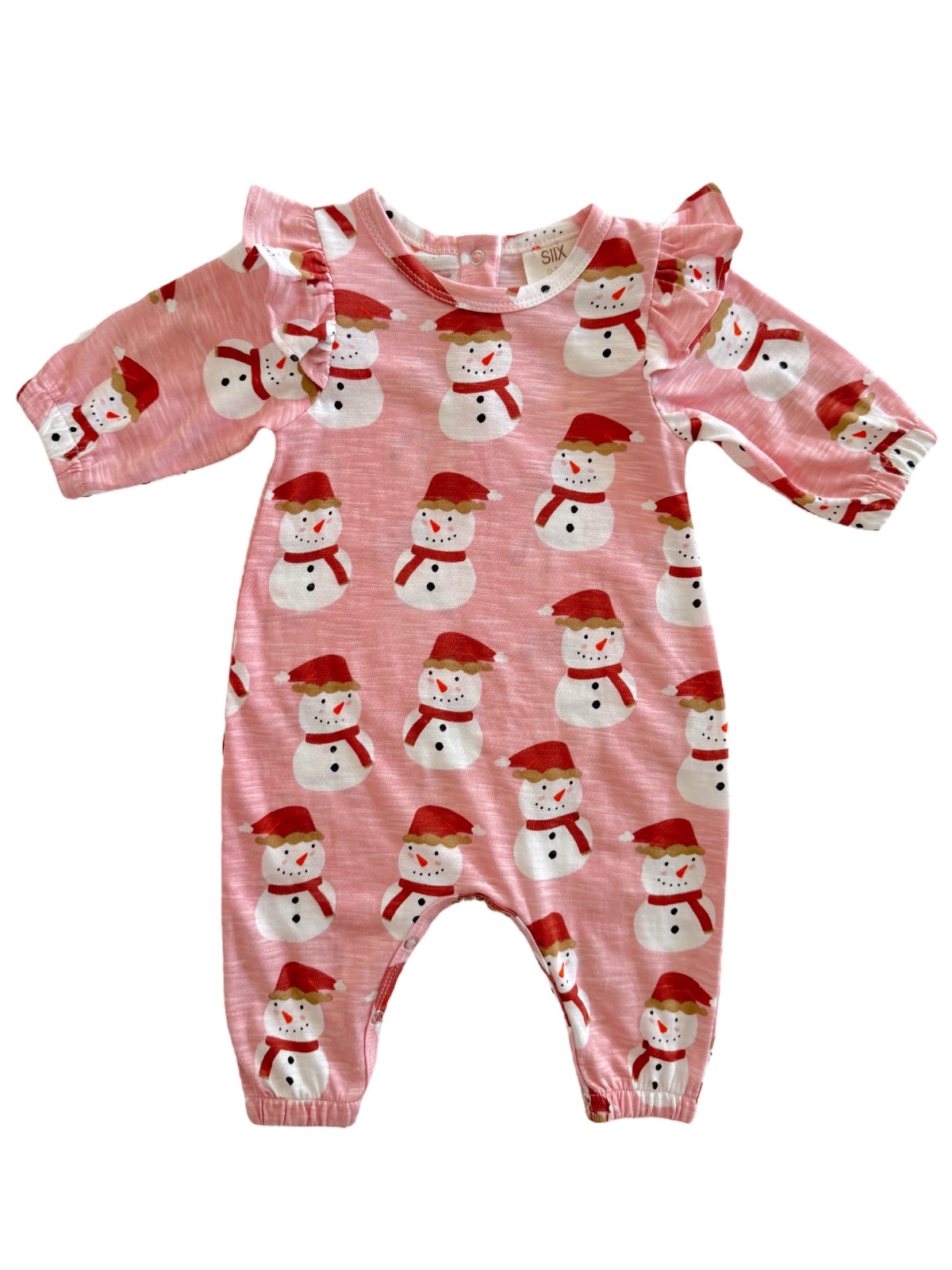 Pink baby romper with snowman print and ruffle sleeves, perfect for winter festivities.