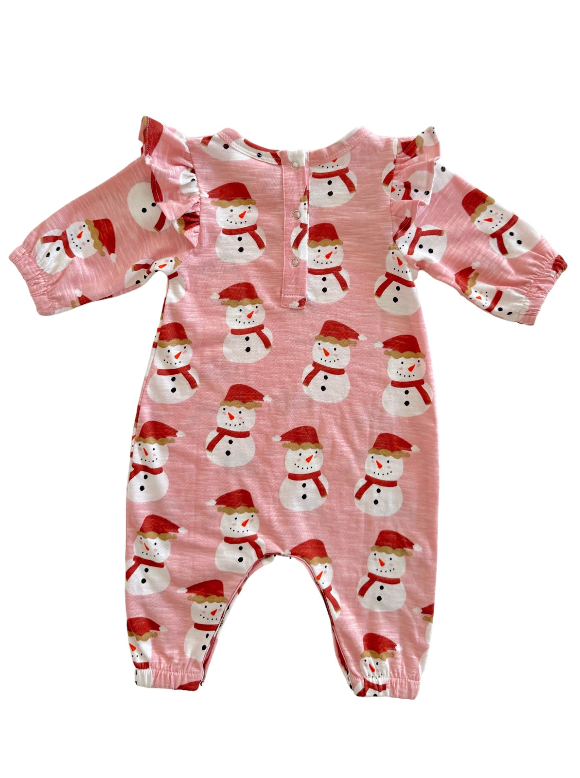 Pink snowman-printed romper with ruffles, featuring smiling snowmen in red hats and scarves. Perfect for winter festivities.