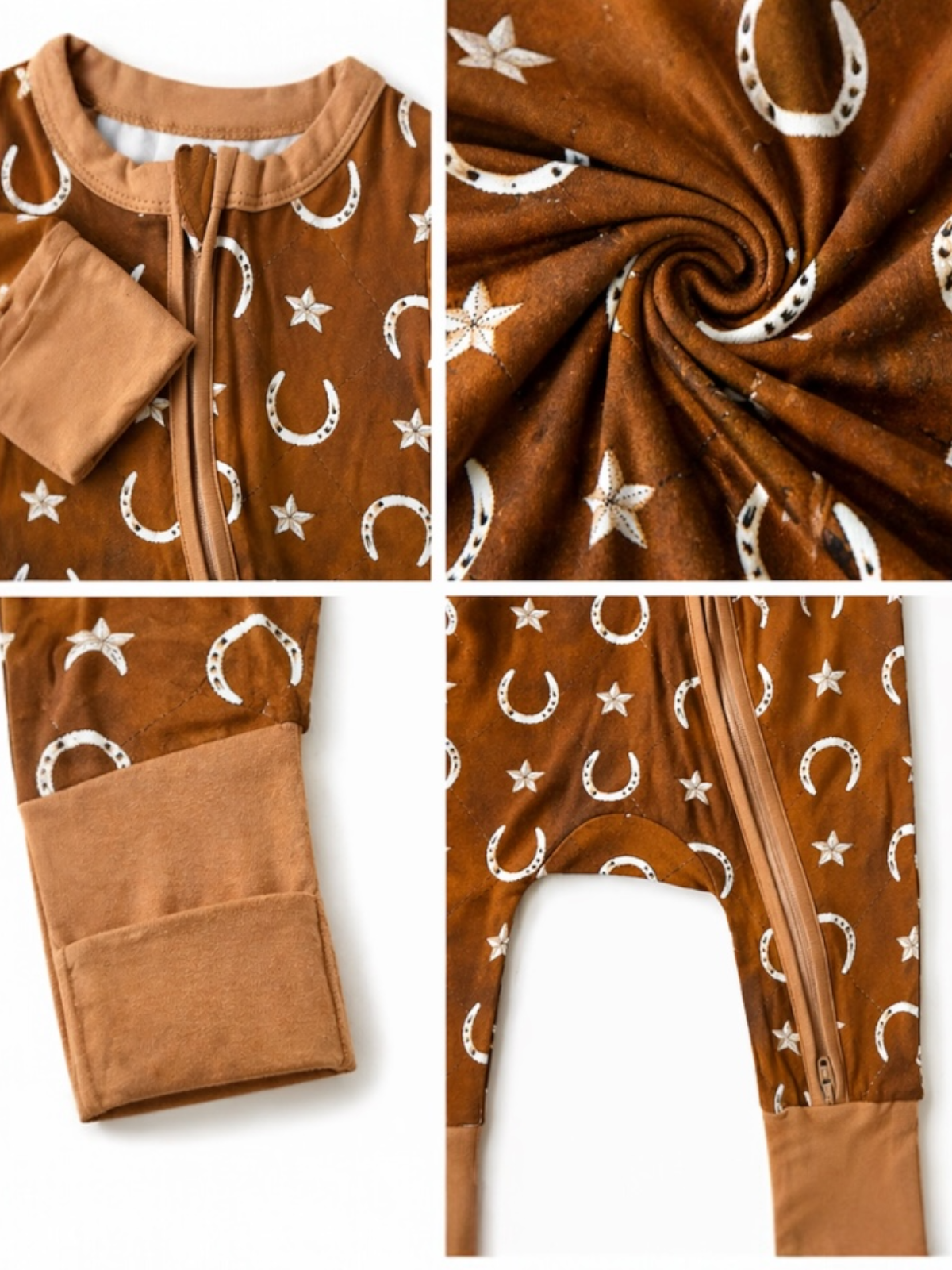 Brown children's onesie with white star and crescent moon patterns, featuring a front zipper and cuffed sleeves.