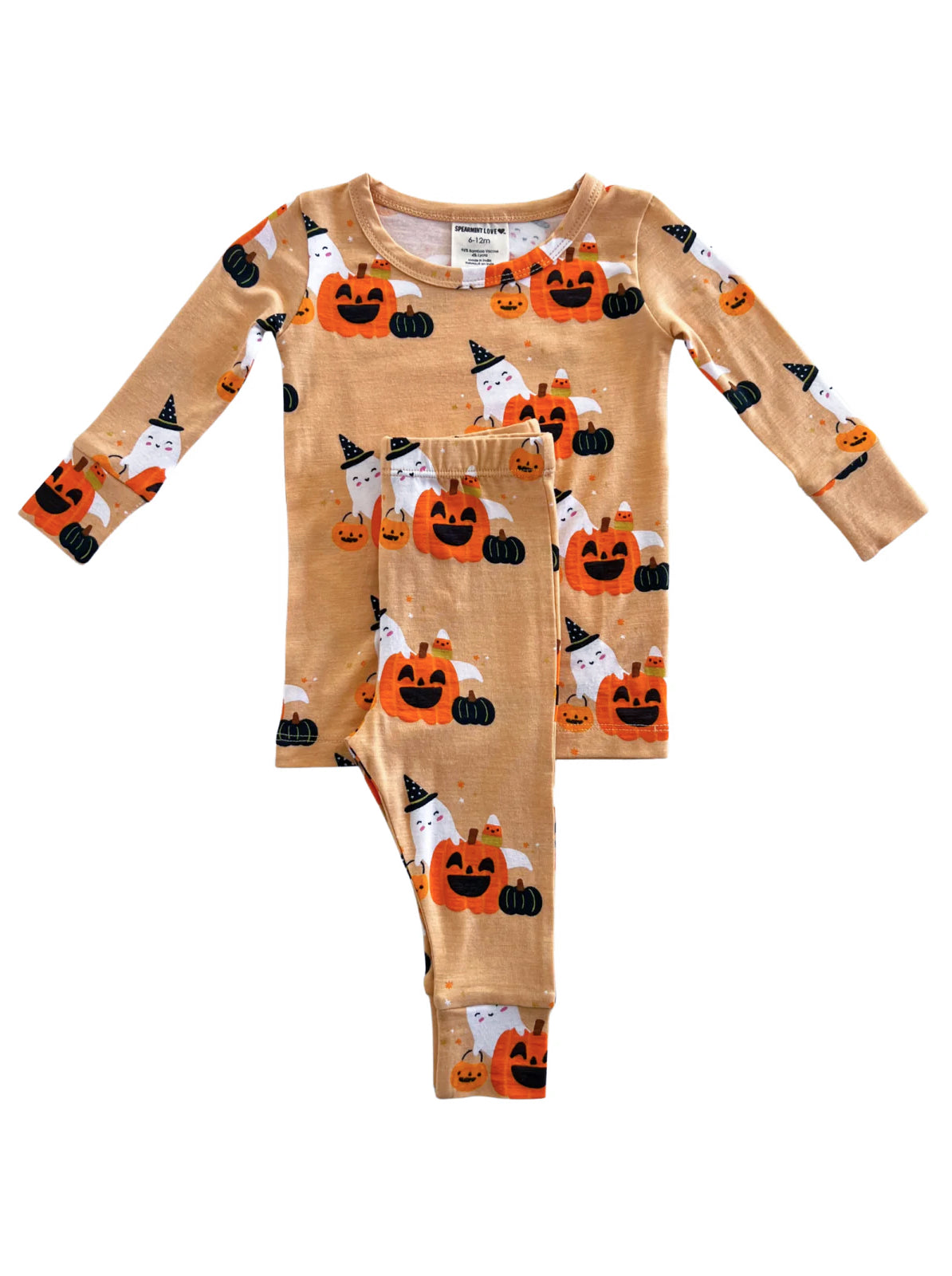 Cream-colored pajama set featuring playful ghosts and pumpkins, perfect for Halloween-themed sleepwear.