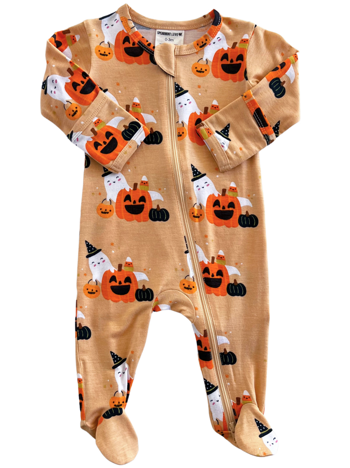 Pumpkin and ghost-themed baby onesie with a zipper, perfect for Halloween.