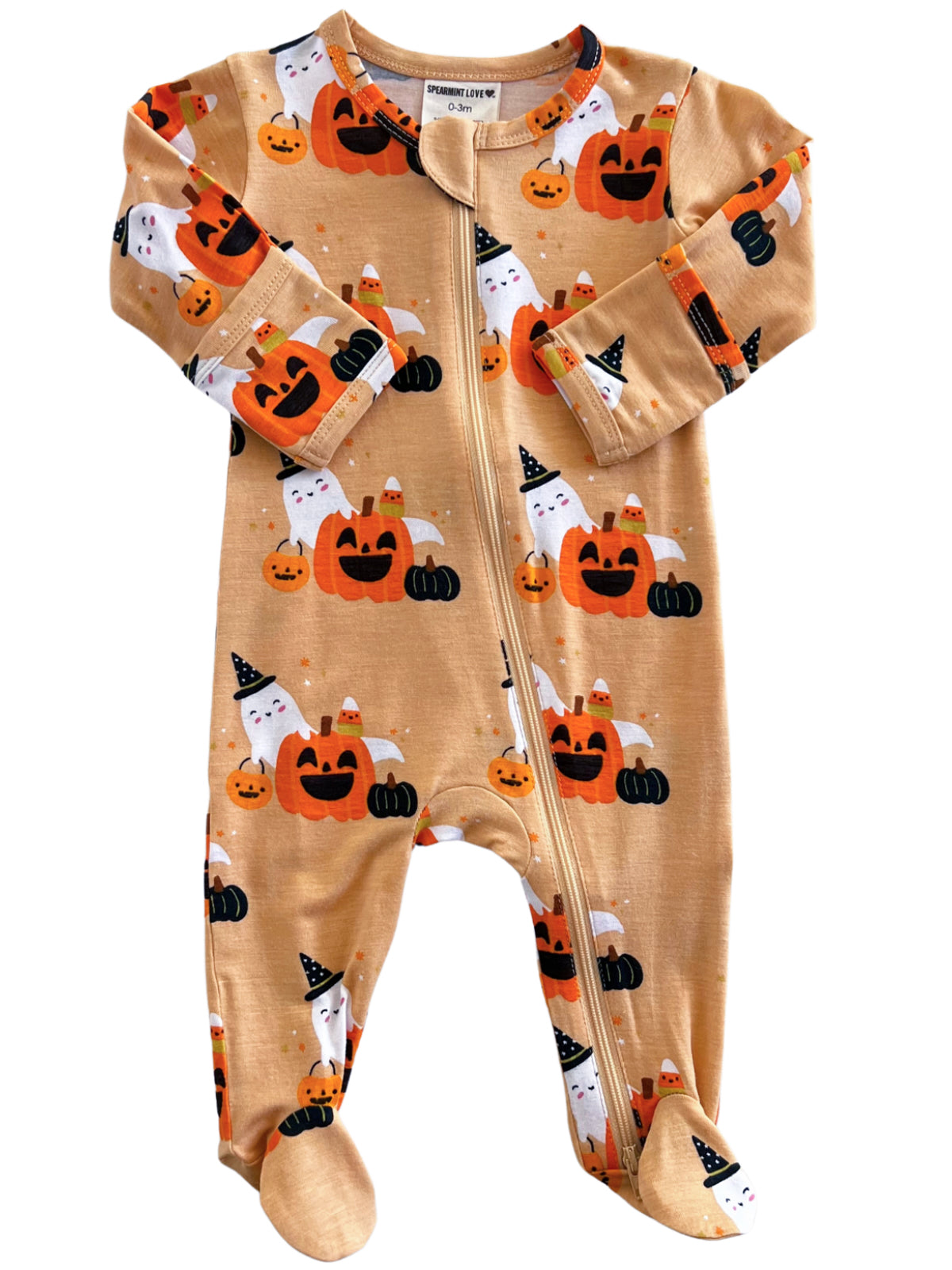Pumpkin and ghost-themed baby onesie with a zipper, perfect for Halloween.