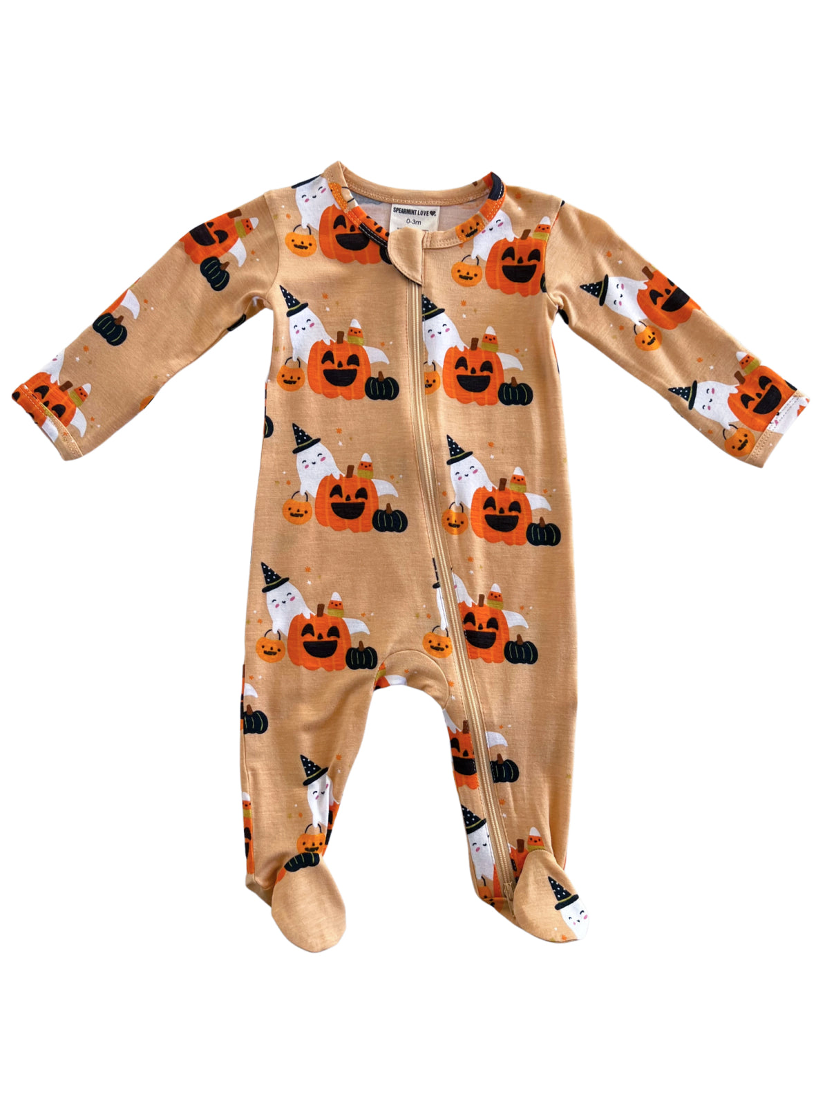 Halloween-themed infant onesie featuring pumpkins, ghosts, and vibrant colors on a tan background.