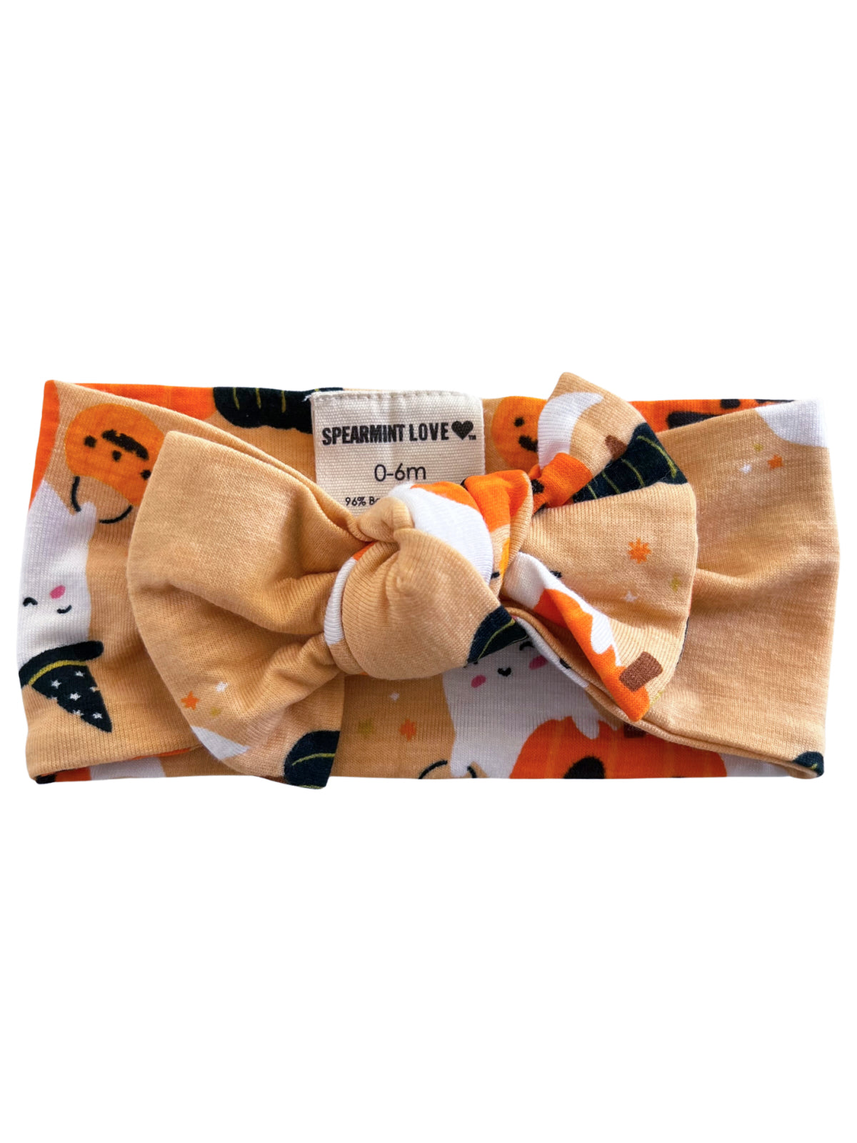 Baby headband with a large bow, featuring Halloween-themed patterns of pumpkins and ghosts. Designed for 0-6 months.