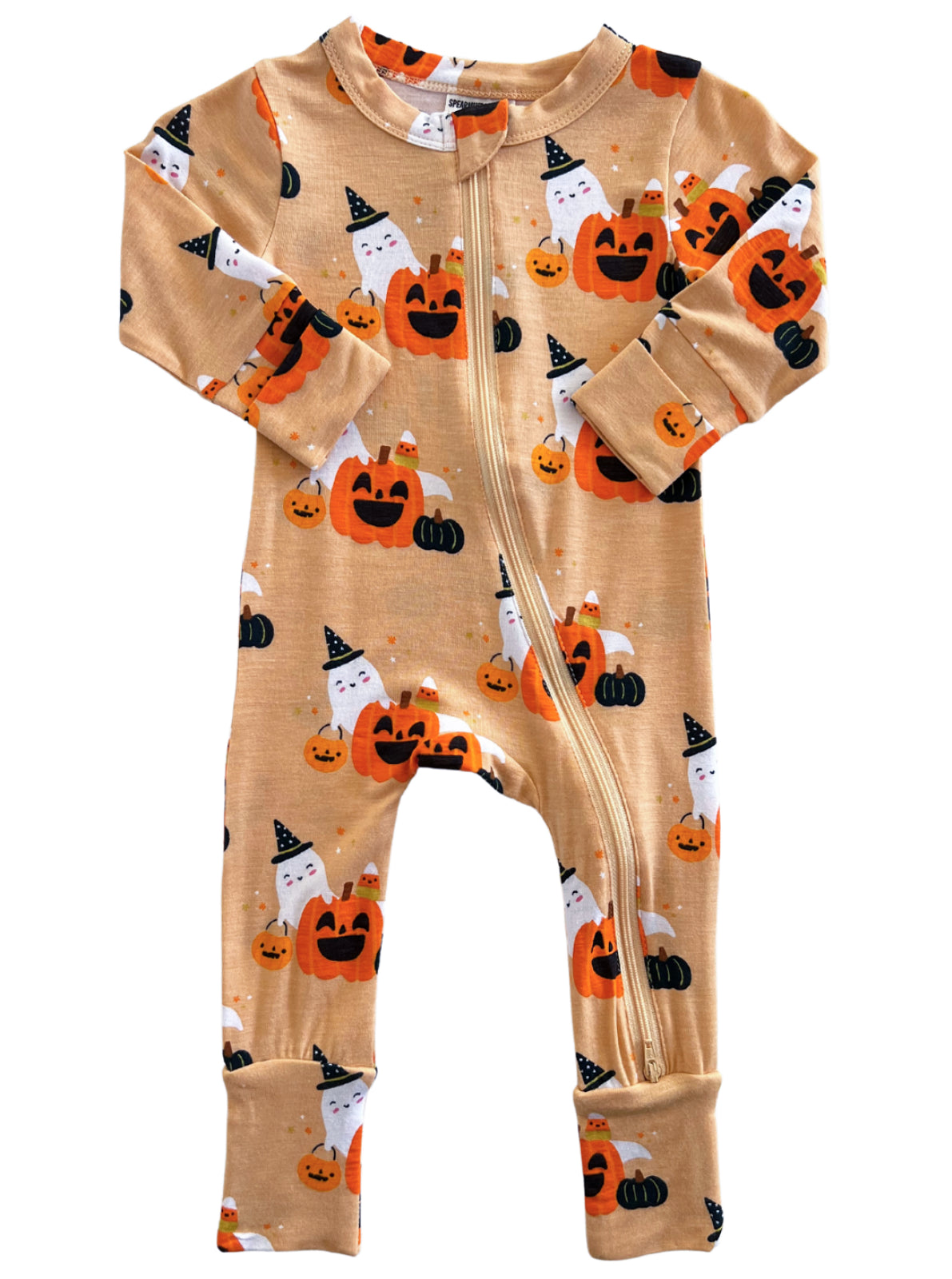 Tan Halloween-themed baby onesie with pumpkins and ghosts, featuring a front zipper and long sleeves.